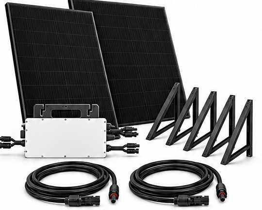 Plug-in solar kit: two black solar panels, a microinverter, mounting brackets and DC leads (930W kit shown)