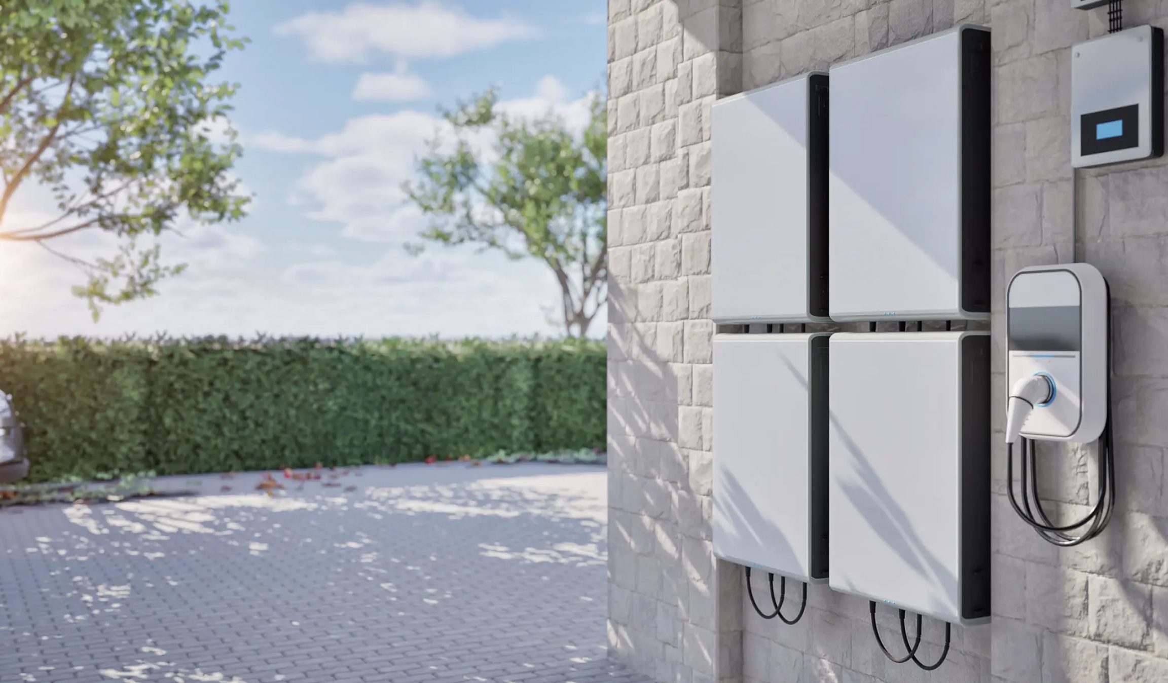 Home battery storage and EV charger installed on an exterior wall